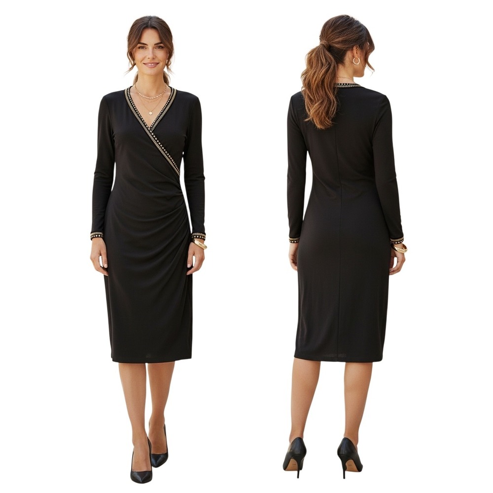 Y2K Cache Black Faux Wrap Ruched Sheath Dress Gold Stud Trim Large‎ Long Sleeve